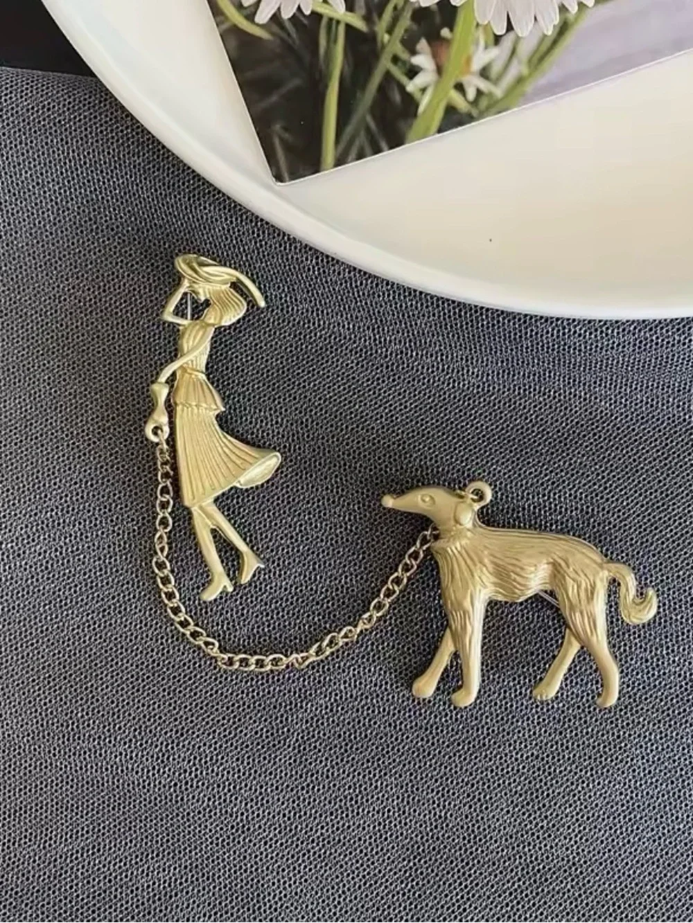 Lady Walking Dog Chain Brooch